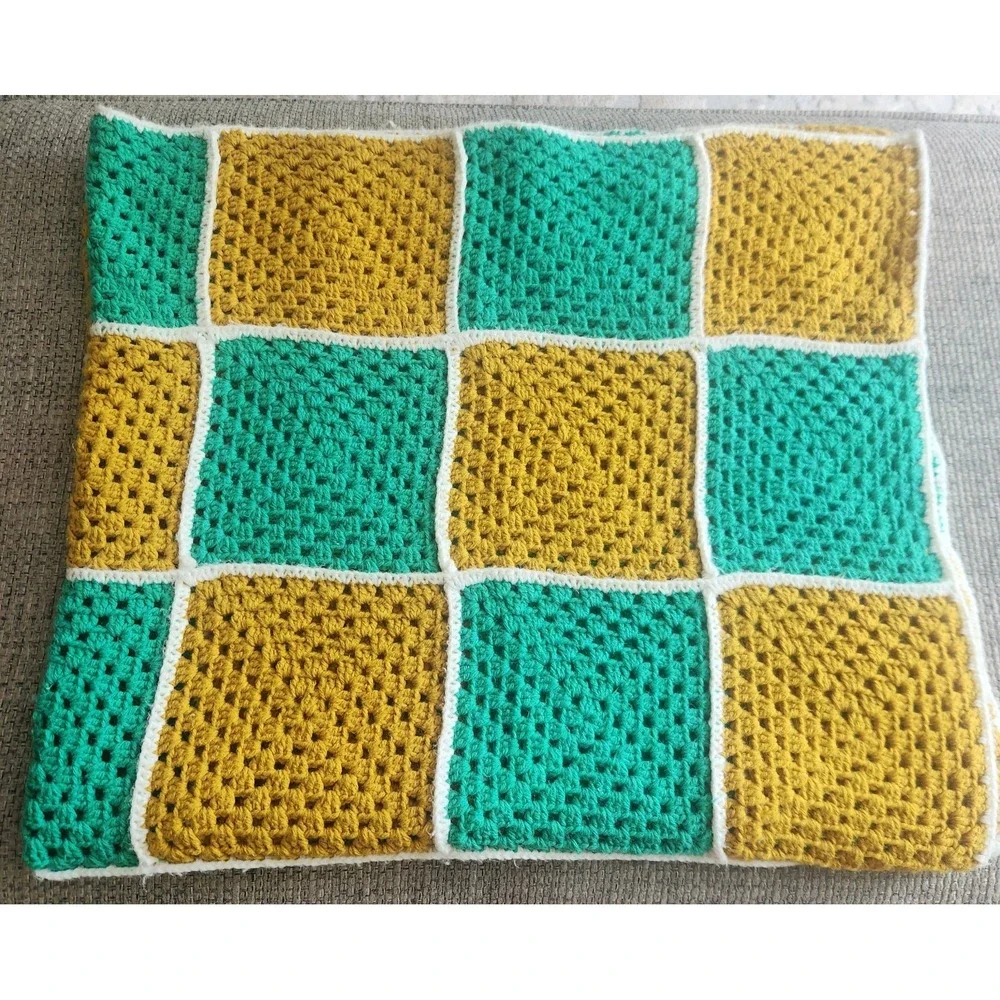 Vintage Handmade Crochet Granny Square Afghan Throw Green Gold White 50x43